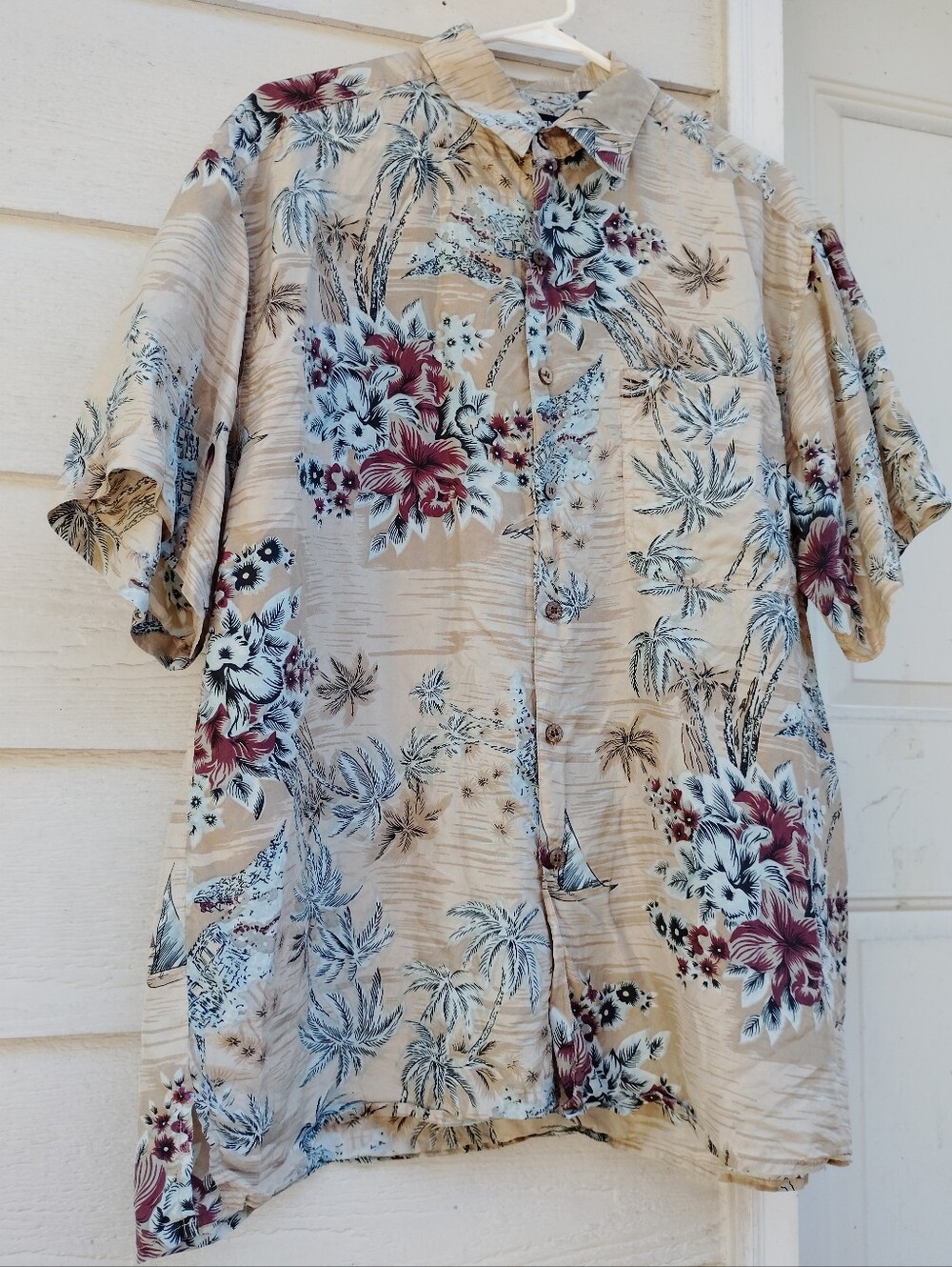 Vintage 100% SILK Hawaiian Tropical Short Sleeve Button Down Shirt Men's Size L